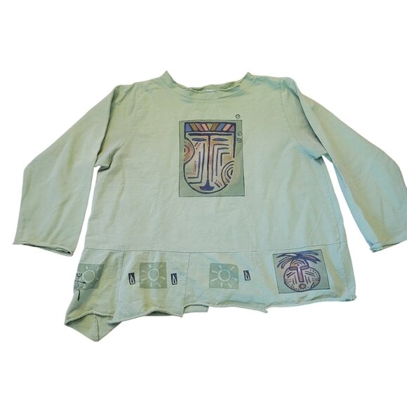 Cow Lizard Green Cotton Tunic Top Abstract Print Asymmetrical Hem M Clothes Ment - Picture 1 of 8
